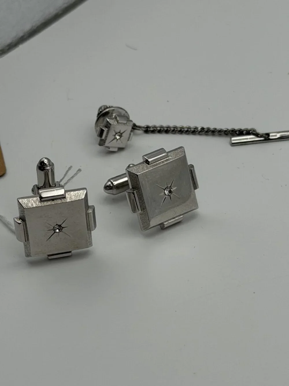 Vintage Silver Cufflinks and Tie Tack Set Starburst Design